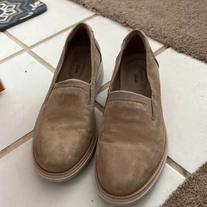 Tan suede Clark’s with 1 1/2” wedge